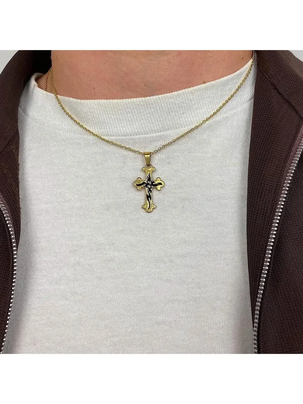 Stainless steel y2k style gothic Gold and Black cross pendant necklace. 18